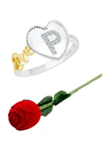 Vighnaharta Rhodium-Plated CZ-Stone Studded P-Heart Design Finger Ring With Rose Box