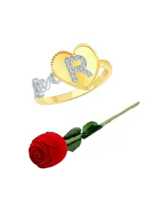 Vighnaharta Gold-Plated CZ-Stone Studded R Letter Heart Design Finger Ring With Rose Box