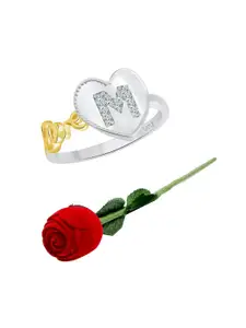 Vighnaharta Rhodium-Plated Cubic Zirconia Studded M-Heart Design Finger Ring With Rose Box