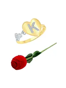 Vighnaharta Gold-Plated CZ-Stone Studded K-Letter Heart Design Finger Ring With Rose Box