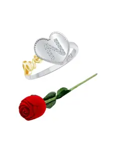 Vighnaharta Rhodium-Plated CZ-Stone Studded N-Heart Design Finger Ring With Rose Box