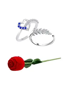 Vighnaharta Set Of 2 Rhodium-Plated Cubic Zirconia-Studded Finger Ring With Rose Box