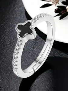 MYKI Silver-Plated CZ-Stones Studded Heart Design Adjustable Finger Ring