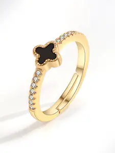 MYKI Gold-Plated CZ-Stones Studded Floral Design Adjustable Finger Ring