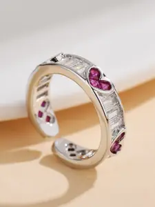 MYKI Silver-Plated Cubic Zirconia-Stones Studded Heart Design Adjustable Finger Ring