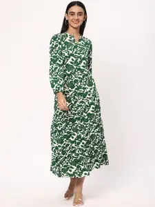 R&B Floral Printed Mandarin Neck Bishop Sleeves Fit & Flare Maxi Shirt Dress