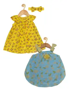 Creative Kids Infant Girls Pack of 2 Floral Printed Round Neck A-Line Dresses