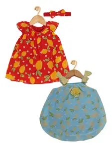 Creative Kids Infant Girls Pack of 2 Floral Printed Round Neck A-Line Dresses