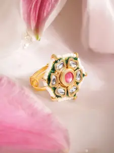 Rubans 22K Gold-Plated Kundan-Stones & Studded Flower Design Statement Finger Ring