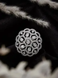 ATIBELLE Silver-Plated CZ-Stones Studded Floral Design Adjustable Finger Ring