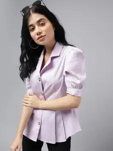 Hancock Comfort Fit Puff Sleeves Cuban Collar Pure Cotton Pleated Formal Shirt