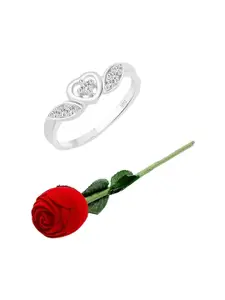 Vighnaharta Rhodium-Plated Cubic Zirconia Stone Studded Finger Ring With Rose Box