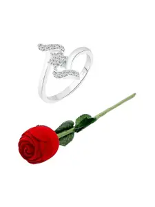 Vighnaharta Rhodium-Plated CZ-Stone Studded Flower Design Finger Ring With Rose Box