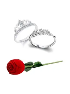 Vighnaharta Set of 2 Rhodium-Plated CZ Stone Studded Taj & Leaf Couple Ring With Rose Box
