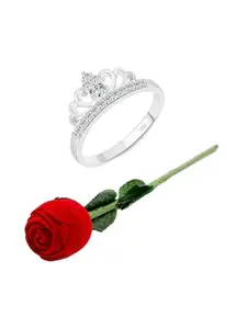 Vighnaharta Rhodium-Plated CZ-Stone Studded Taj Design Finger Ring With Rose Box