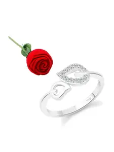 Vighnaharta Rhodium-Plated CZ-Stone Studded Leaf Design Finger Ring With Rose Box