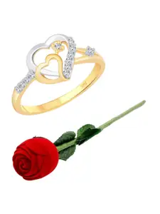 Vighnaharta Gold-Plated CZ-Stone Studded Dual Heart Design Finger Ring With Rose Box