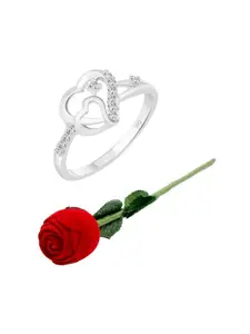 Vighnaharta Rhodium-Plated CZ-Stone Studded Dual Heart Design Finger Ring With Rose Box