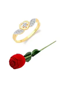 Vighnaharta Gold-Plated CZ-Stone Studded Heart Design Finger Ring With Rose Box