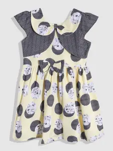 YK Girls Print Peter Pan Collar A-Line Dress with Bow Detail