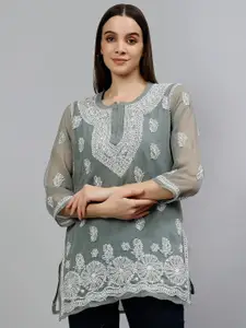 Seva Chikan Ethnic Motifs Embroidered Lucknowi Chikankari Straight Kurti With Inner Slip