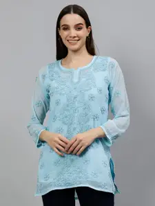 Seva Chikan Floral Embroidered Notched Neck Lucknowi Chikankari Georgette Straight Kurti