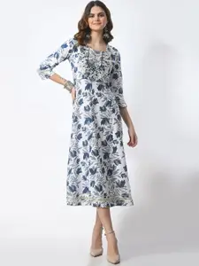 JAHIDA COMFORT WITH STYLE Floral Printed Embroidered Round Neck A-Line Midi Dress