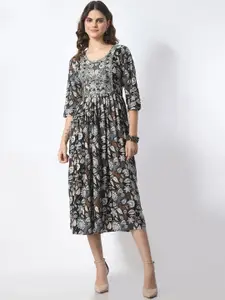 JAHIDA COMFORT WITH STYLE Floral Printed Thread Work Fit and Flare Midi Ethnic Dress