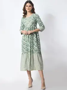 JAHIDA COMFORT WITH STYLE Floral Printed Thread Work Fit and Flare Midi Ethnic Dress