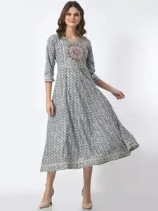 JAHIDA COMFORT WITH STYLE Abstract Printed Thread Work Fit and Flare Midi Ethnic Dress