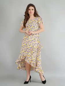 Kushi Flyer Floral Printed Flutter Sleeves A-Line Midi Dress