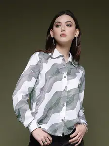 Selvia Standard Abstract Printed Spread Collar Satin Casual Shirt