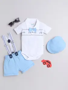 BUMZEE Infant Boys Printed Pure Cotton Leotard & Shorts With Bow Suspender & Cap