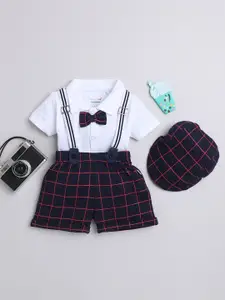BUMZEE Boys Checked Pure Cotton Shirt & Shorts With Bow Suspender & Cap