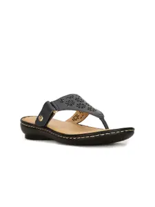 Hush Puppies Open Toe Leather T-Strap Flats With Laser Cut