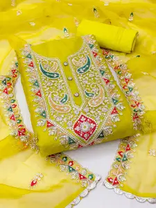 MANVAA Ethnic Motifs Embroidered Beads and Stones Organza Unstitched Dress Material