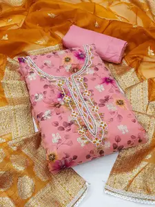 MANVAA Floral Printed Beads And Stones Organza Unstitched Dress Material