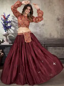 KALINI Bandhani Printed V-Neck Art Silk Crop Top With Skirt