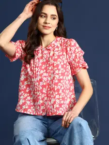 Mast & Harbour Floral Print Peter Pan Collar Puff Sleeves Shirt Style Top