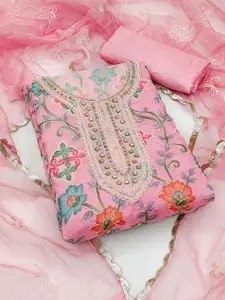 MANVAA Floral Printed Beads and Stones Detailed Organza Unstitched Dress Material