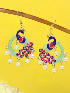 OOMPH Peacock Shaped Pearl-Beaded Meenakari Chandbalis