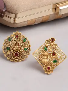 OOMPH Set Of 2 Gold-Plated Stone-Studded Adjustable Finger Ring