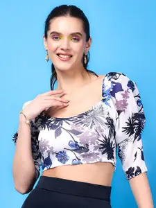SCORPIUS Floral Print Puff Sleeve Square Neck Crop Top