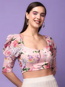 SCORPIUS Floral Printed Sweetheart Neck Puff Sleeve Fitted Crop Top