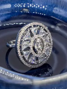 Manikya Rhodium-Plated Cubic Zirconia-Studded Finger Ring