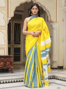 KIAARON Striped Pure Cotton Block Print Saree