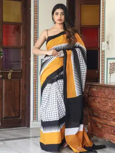 KIAARON Checked Pure Cotton Block Print Saree