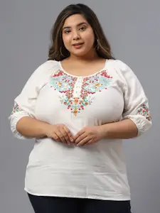 SAAKAA Plus Size Floral Embroidered Neck Cuffed Sleeves Cotton Top