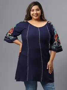 SAAKAA Plus Size Floral Embroidered V-Neck Cotton Longline Top