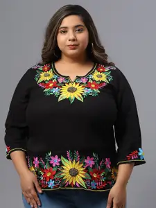 SAAKAA Plus Size Floral Embroidered Cotton Top